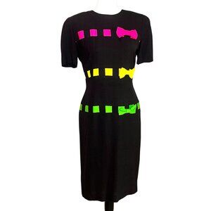Vintage 80s Jim Tremblay Santa Fe Black Neon Colorblock Bow Career Dress Medium